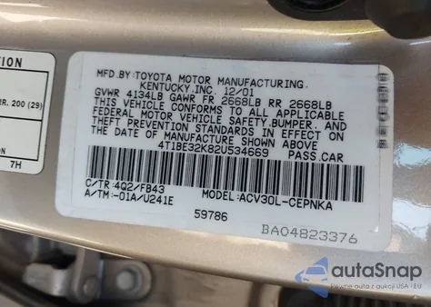 2002 Toyota Camry Le z USA, uszkodzony, nr VIN 4T1BE32K82U534669